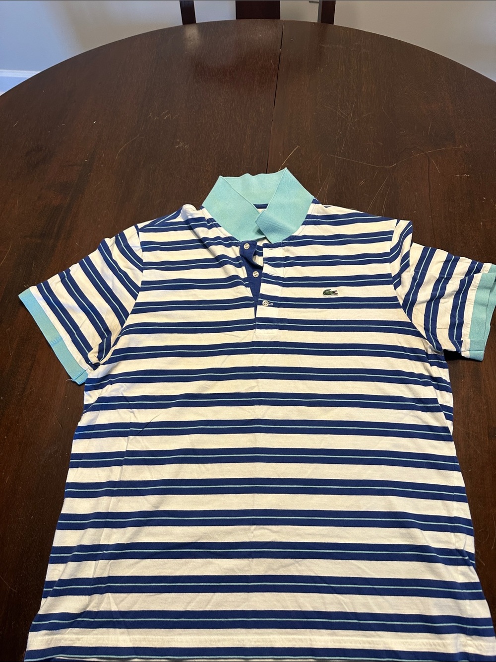 Lacoste Men's White and Blue Striped Polo with Light Blue Collar